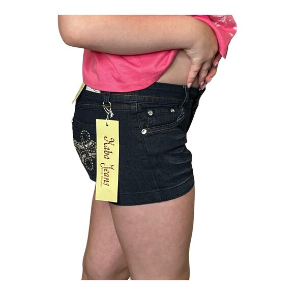 NEW Kaba JEAN SHORTS SZ 7 Dark Blue Denim Stone Stud Bedazzled Double Lasso NWT - Picture 4 of 12